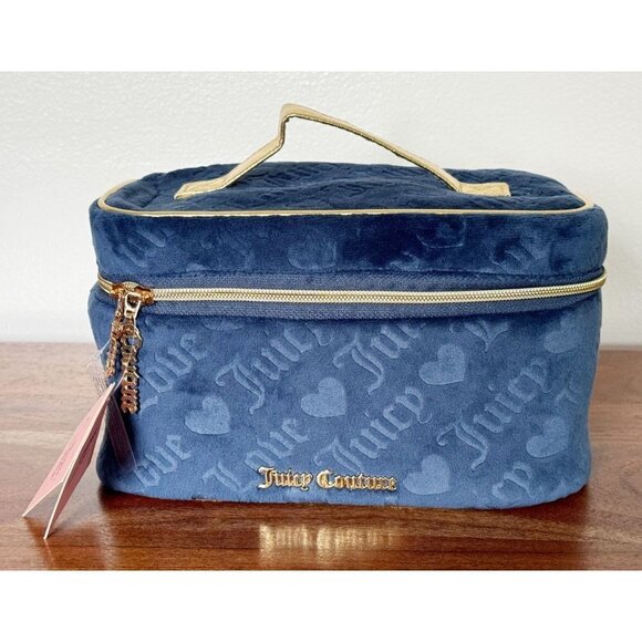 Juicy Couture Velour Travel Makeup Bag Navy Blue with Gold Hardware - Picture 1 of 9